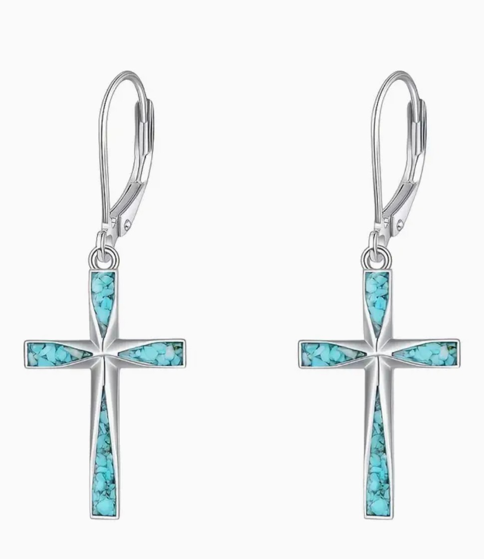 Cross with inlaid greenstones inside Earrings, New #AB-376-R2