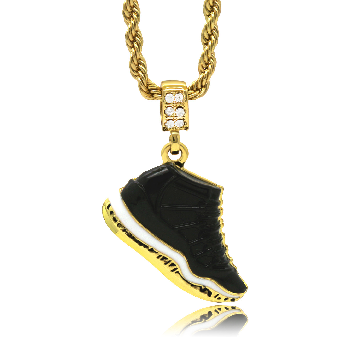 Men 14k Gold Plated Retro 11 Space Jams Pendant Cubic-Zirconia 24″ Rope Chain