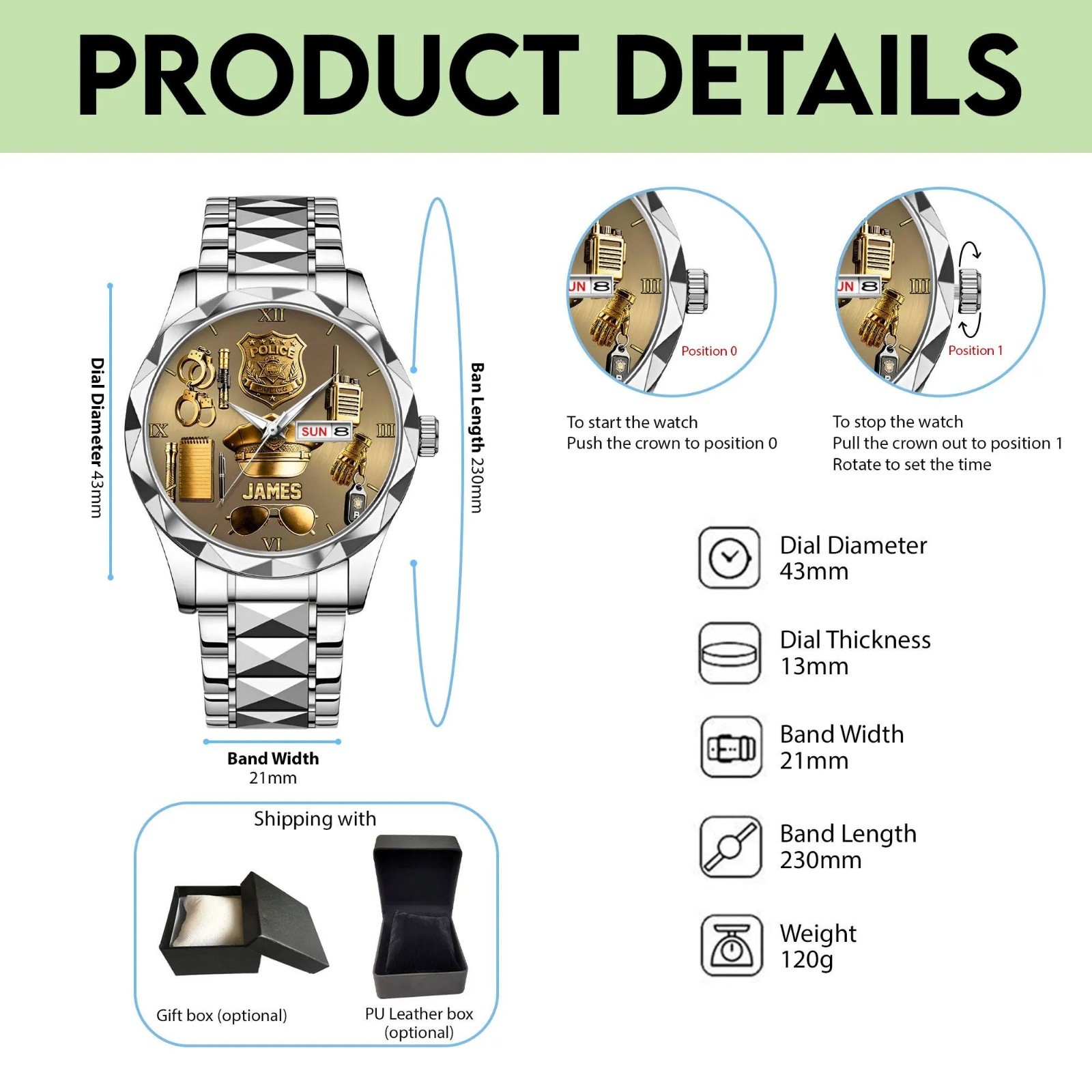 Personalized Police/ Retired Police Man Wrist Watch, Custom Cop Watch, Law Enfor