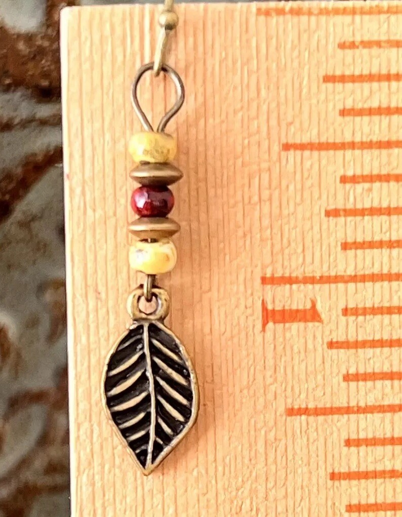 Bronze Tone Etched Leaf Earrings. Fall. Nature.