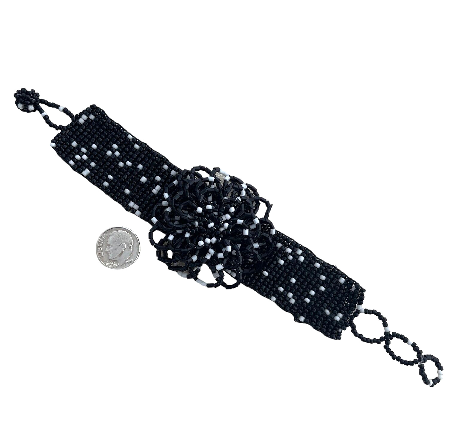 Hand Stitched Bracelet Black White Beaded Czech Glass Seed Bead Rosette Flower