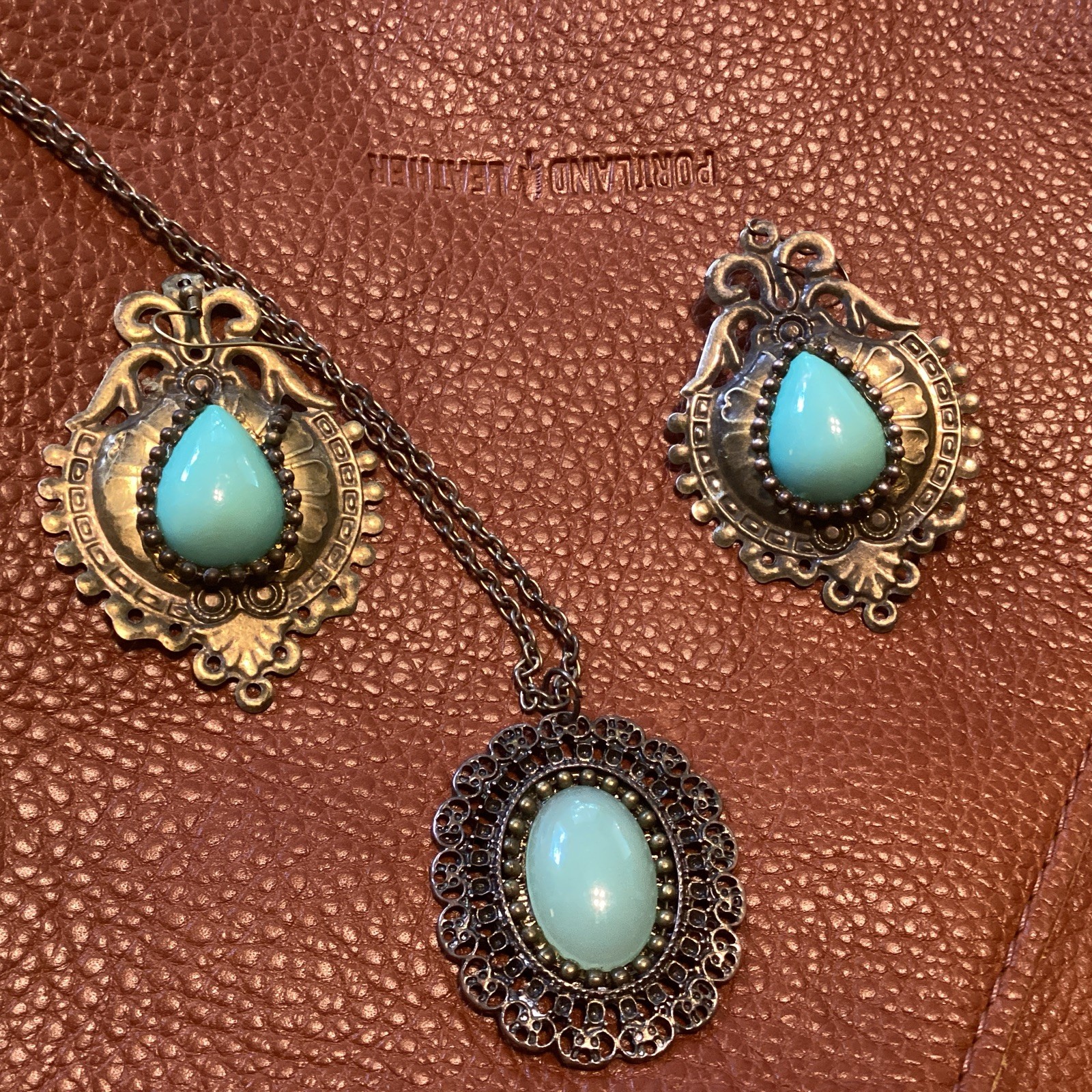 Faux Jadeite Earrings & Necklace Boho Flapper Victorian Style