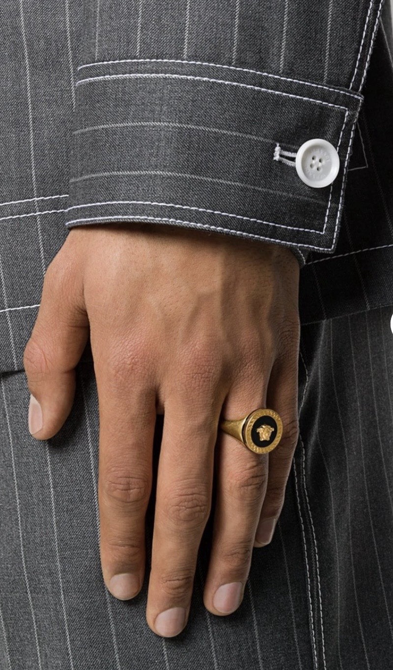 VERSACE Ring Medusa Resin Greca Pattern Back Logo Gold/Black SZ 21 Authentic$680