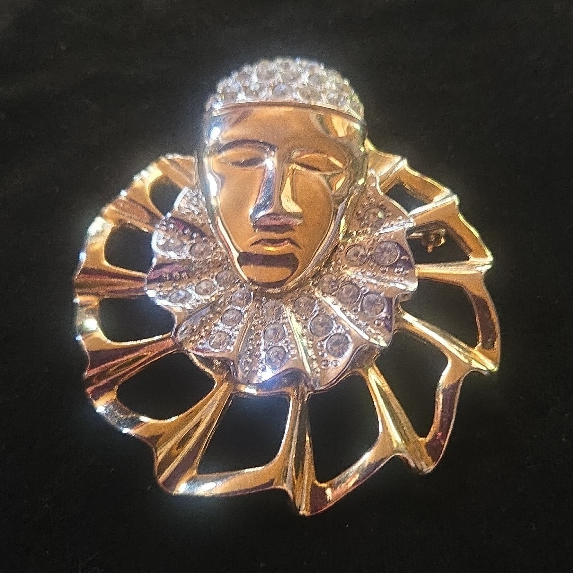Gold Tone Clear Rhinestone Face Mask Brooch Pin, Pavé Setting, 2 in