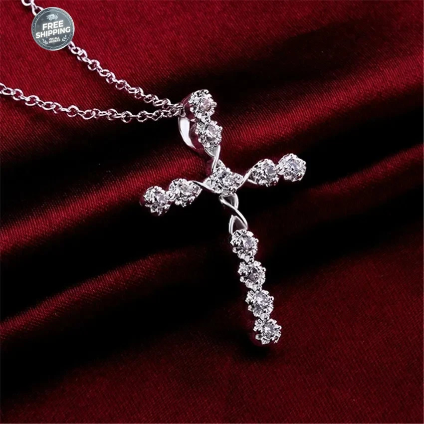 Womens 925 Sterling Solid Silver charm Cross Pendant Necklace 18” Link Chain