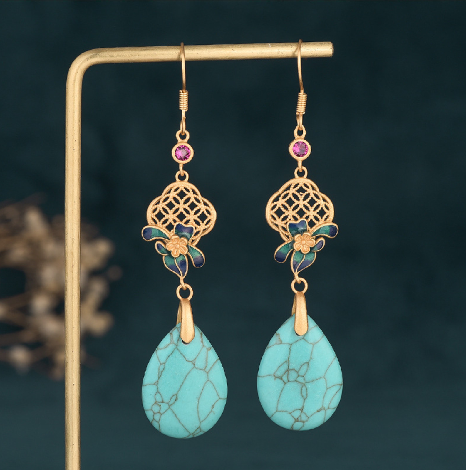 Bohemian Turquoise Drop Dangle Earrings Gemstone Ethnic Ear Hook 18K Gold Plated