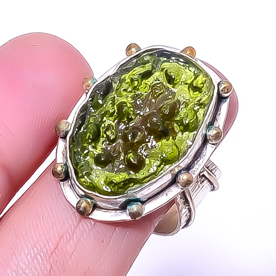 Moldavite 925 Sterling Silver Two Tone Gold Plated Ring s.8.5 A364