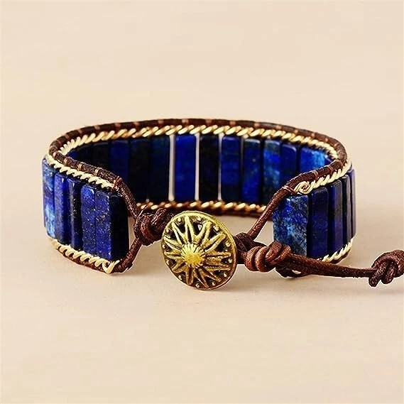 Natural Wide Lapis lazuli Beads Healing Chakra Blue Gemstone Warp Bracelet