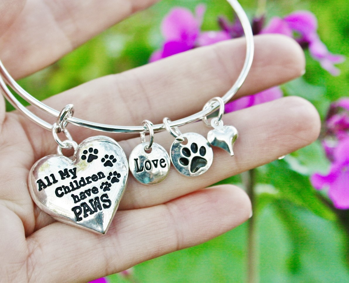 Pet Mom Expandable Wire Bangle Bracelet Paw Print Sterling Silver Plt Dog Cat