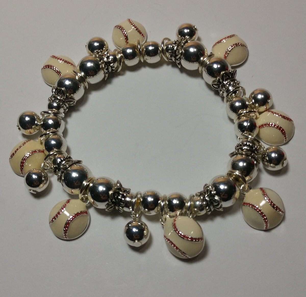 Baseball Charm Bracelet Silver Beads Heavy Duty Stretch Cord New with tags