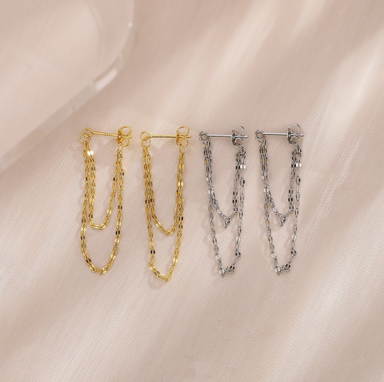 A Pair Sterling Silver Plated Tassel Dangle Drop Stud Earrings Chain Gift S6