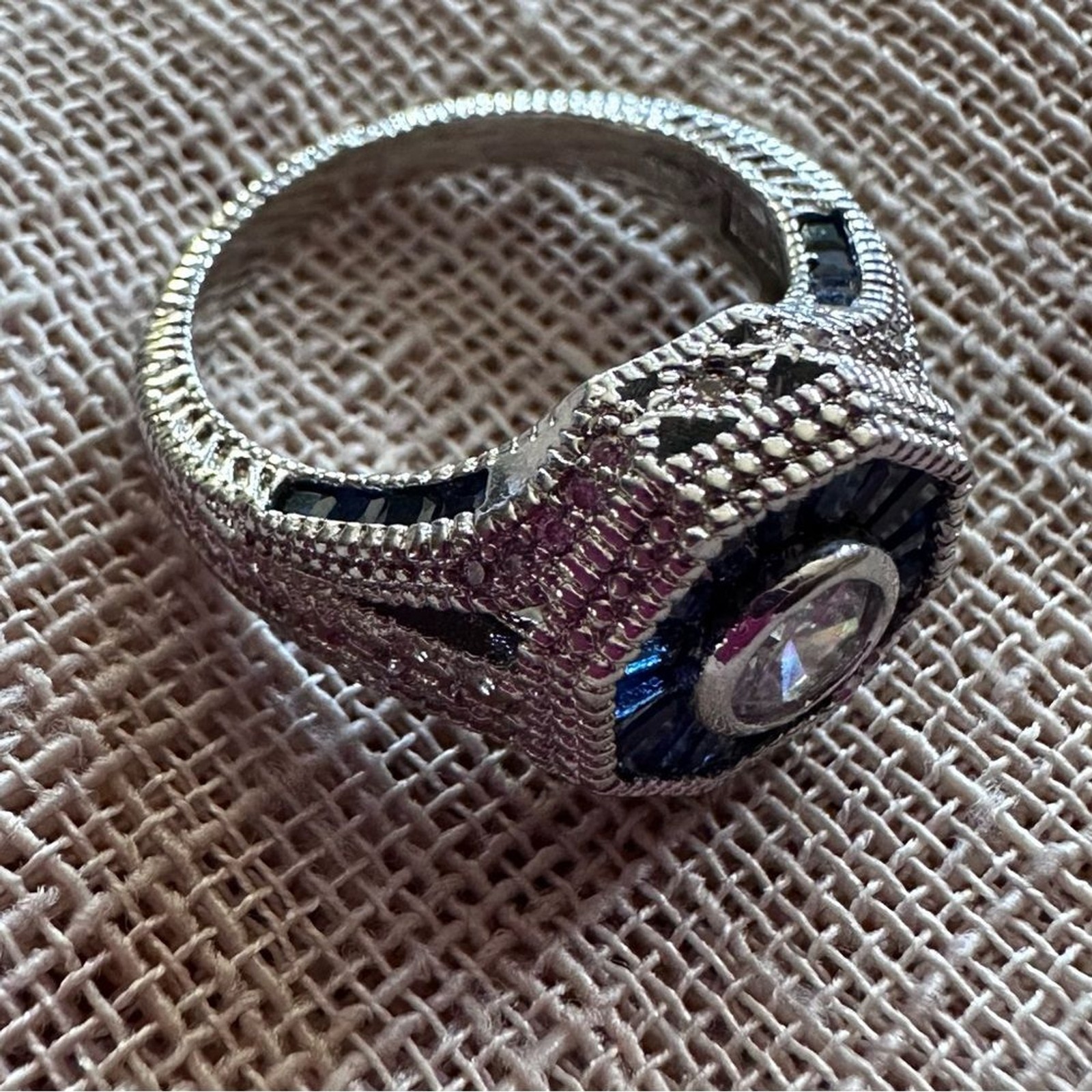 Art Deco Style Sterling Silver and Blue Gemstone Engagement Ring