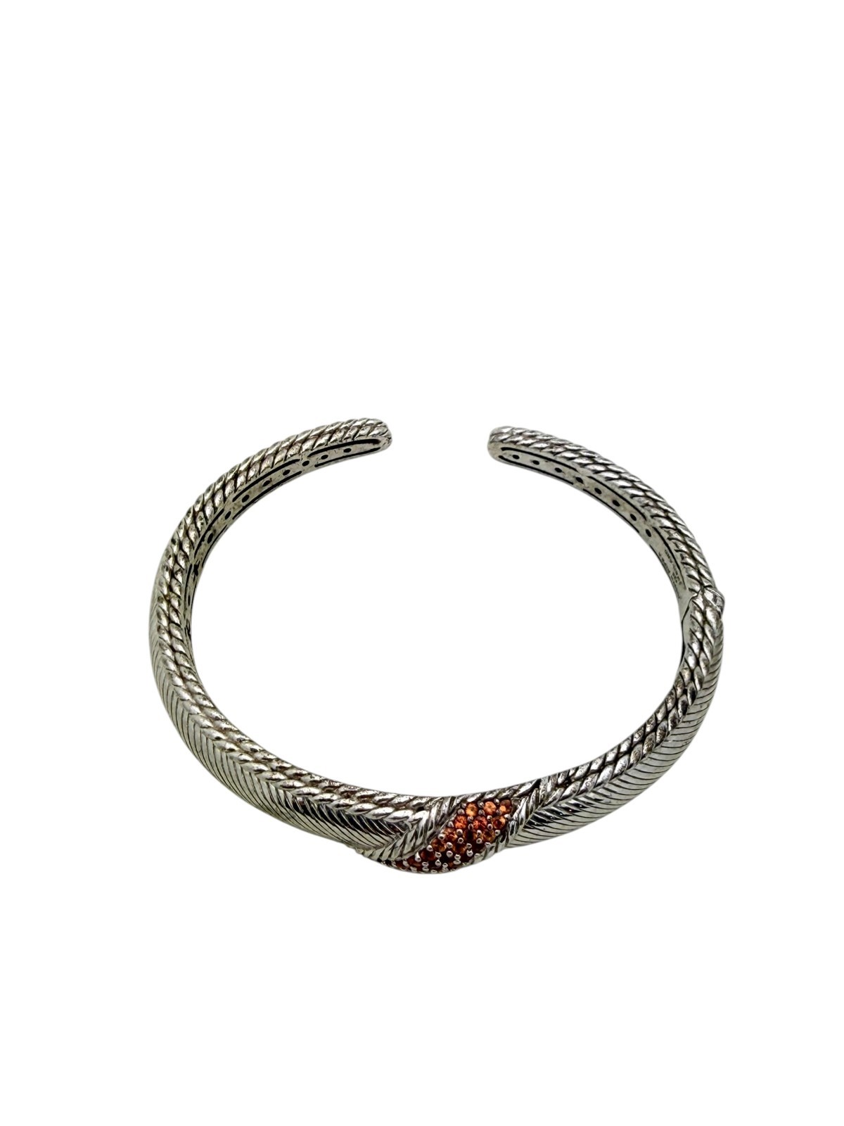 Judith Ripka Sterling Silver Orange Citrine CZ Hinged 11mm Cuff Bangle Bracelet