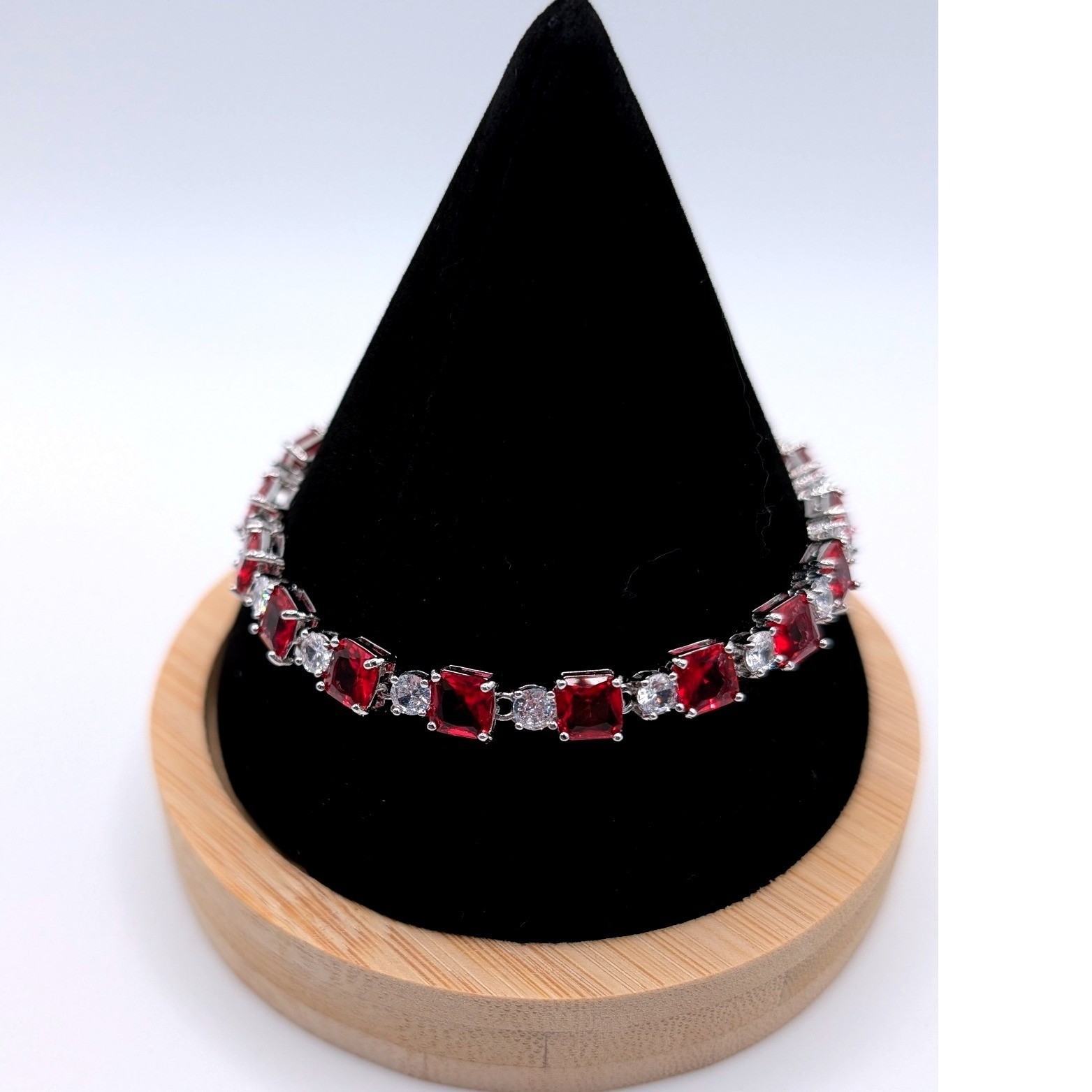 Ruby Red Emerald Cut Tennis Bracelet Silver Tone Clear Accents Formal Jewelry
