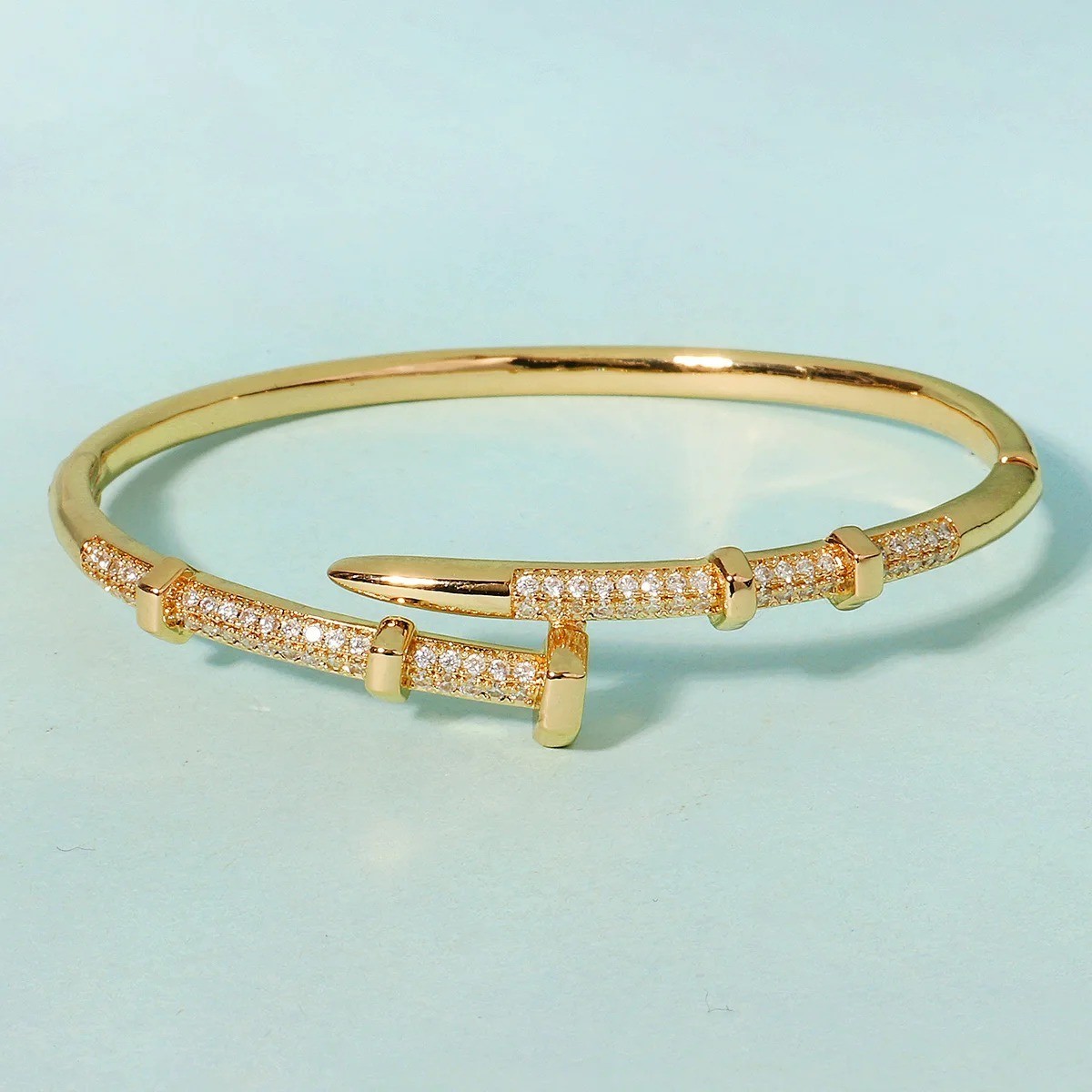 14k Yellow Gold plated Open Nail Bolt Trendy Bracelet AAA quality cubic zirconia