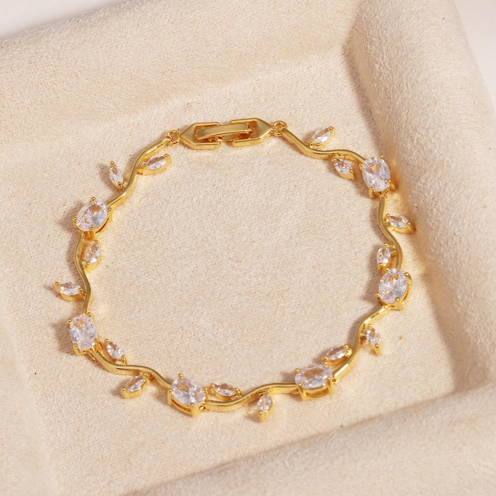 Oval Shape Moissanite Gold Plated Clear Bracelet Leaf Vine Link Fashion Jewelry