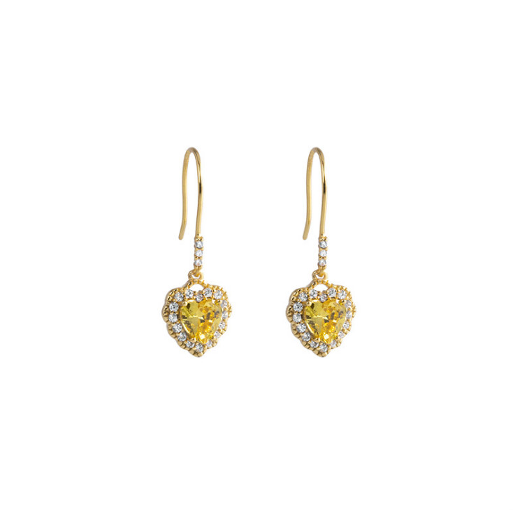 925 Sterling Silver Yellow & Clear CZ Heart-Shaped Dangle Drop Earrings gift F1