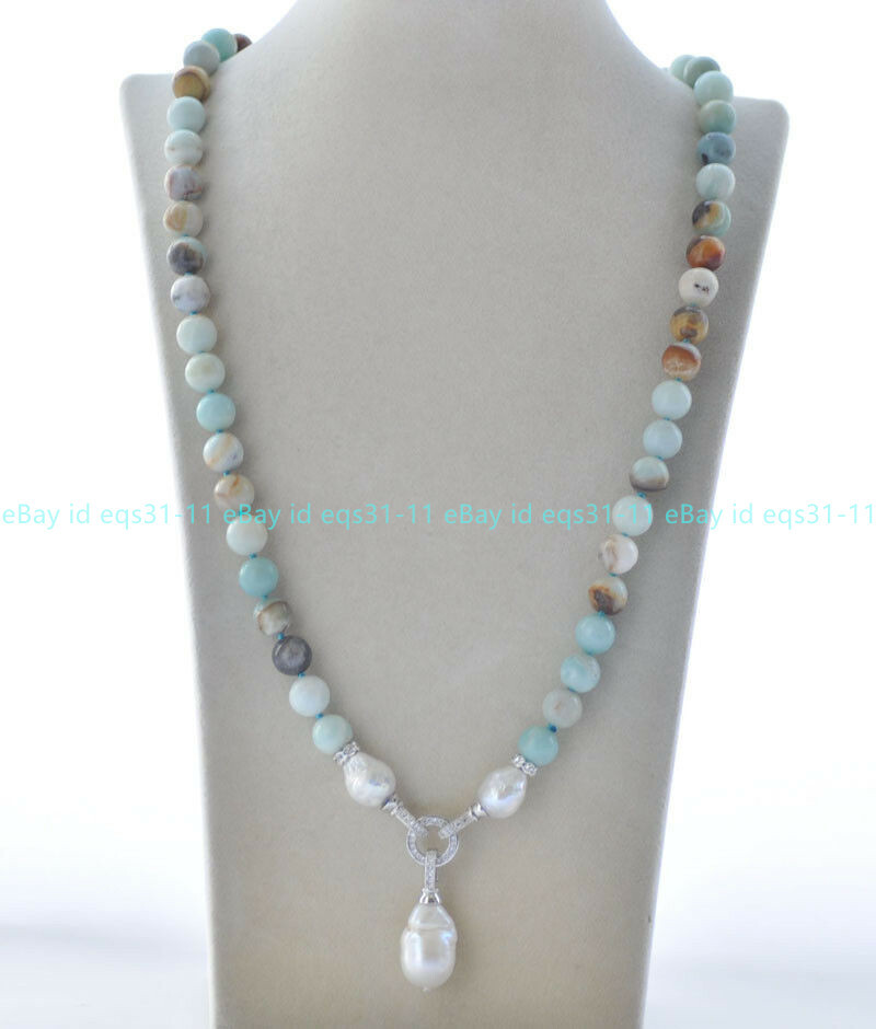 Natural Multicolor Amazonite Beaded White Keshi Baroque Pearl Pendant Necklace
