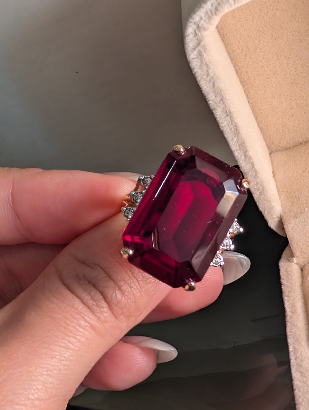 Massive Ruby-Style Red Stone Cocktail Ring 18K GEP Glam Size 8.75