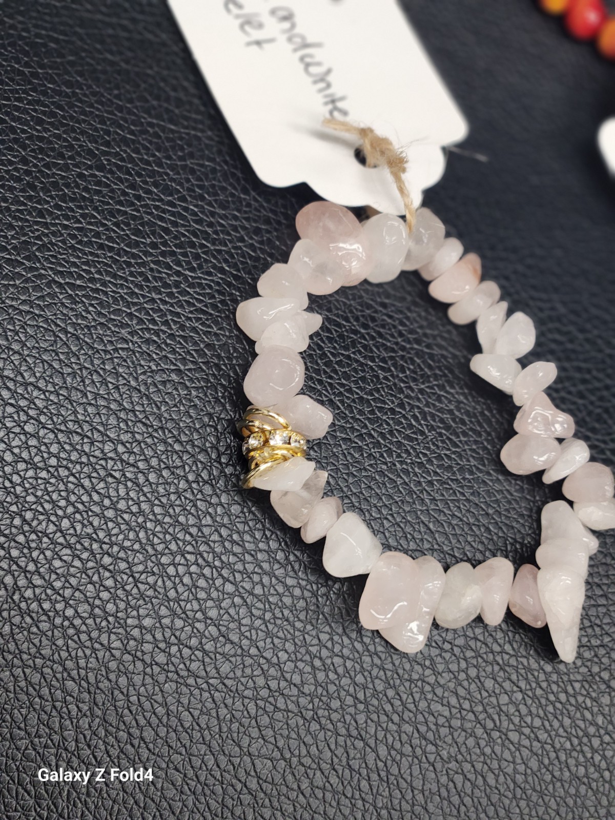 Pink Quartz Chip Stone Beaded Stretch Bracelet with Gold Tone Spacer, Sizable
