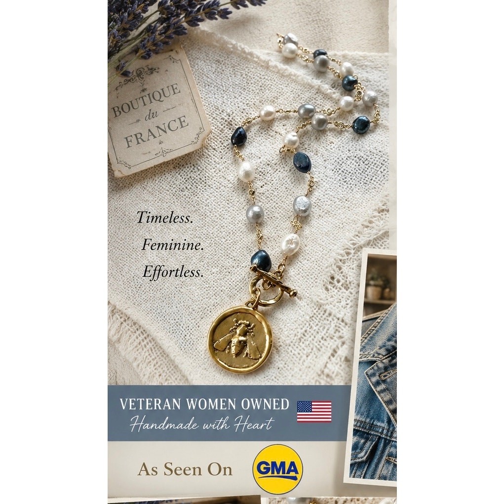 Handmade Bee Medallion Pearl Necklace 16” Gold Tone Blue Gray Ivory Pearls