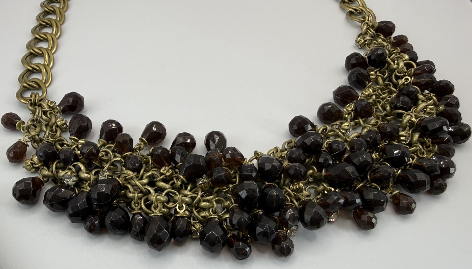 Talbots NWT Bib Statement Necklace Black Purple Glass Bead Rhinestone Gold Tone