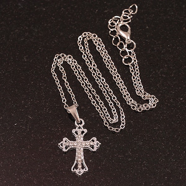 Small Crystal Cross Pendant with Silver Tone Chain/42cm Long/ 5cm Extender
