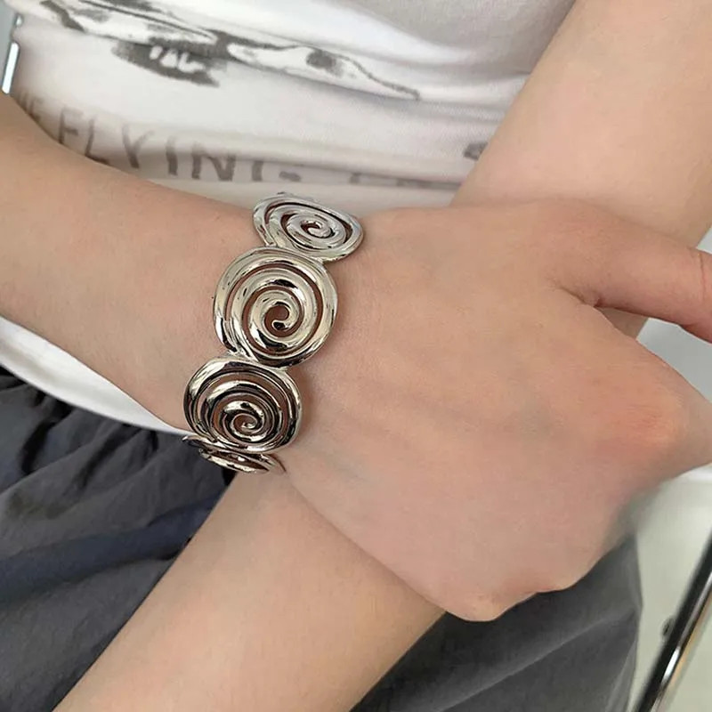 Punk Silver Geometric Spiral Bracelet Vintage Metal Open Adjustable Cuff Bangle