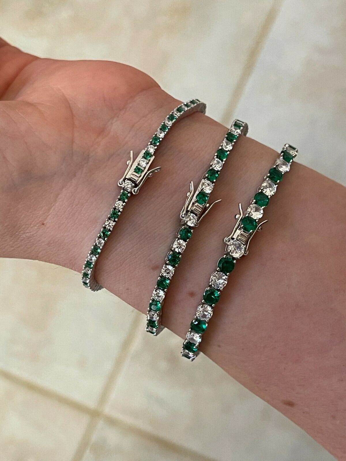 Tennis Bracelet SOLID 925 Sterling Silver Iced Simulated Diamond & Green Emerald