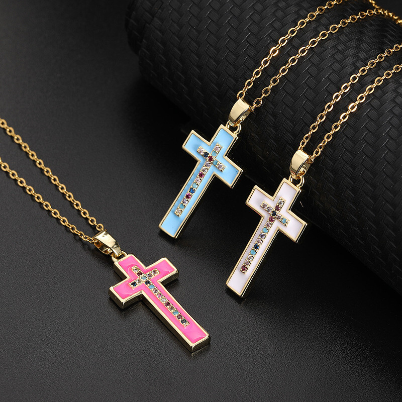 Fashion Cross Religious Necklace and Pendant White Blue Pink Oil Drop Woman Gift