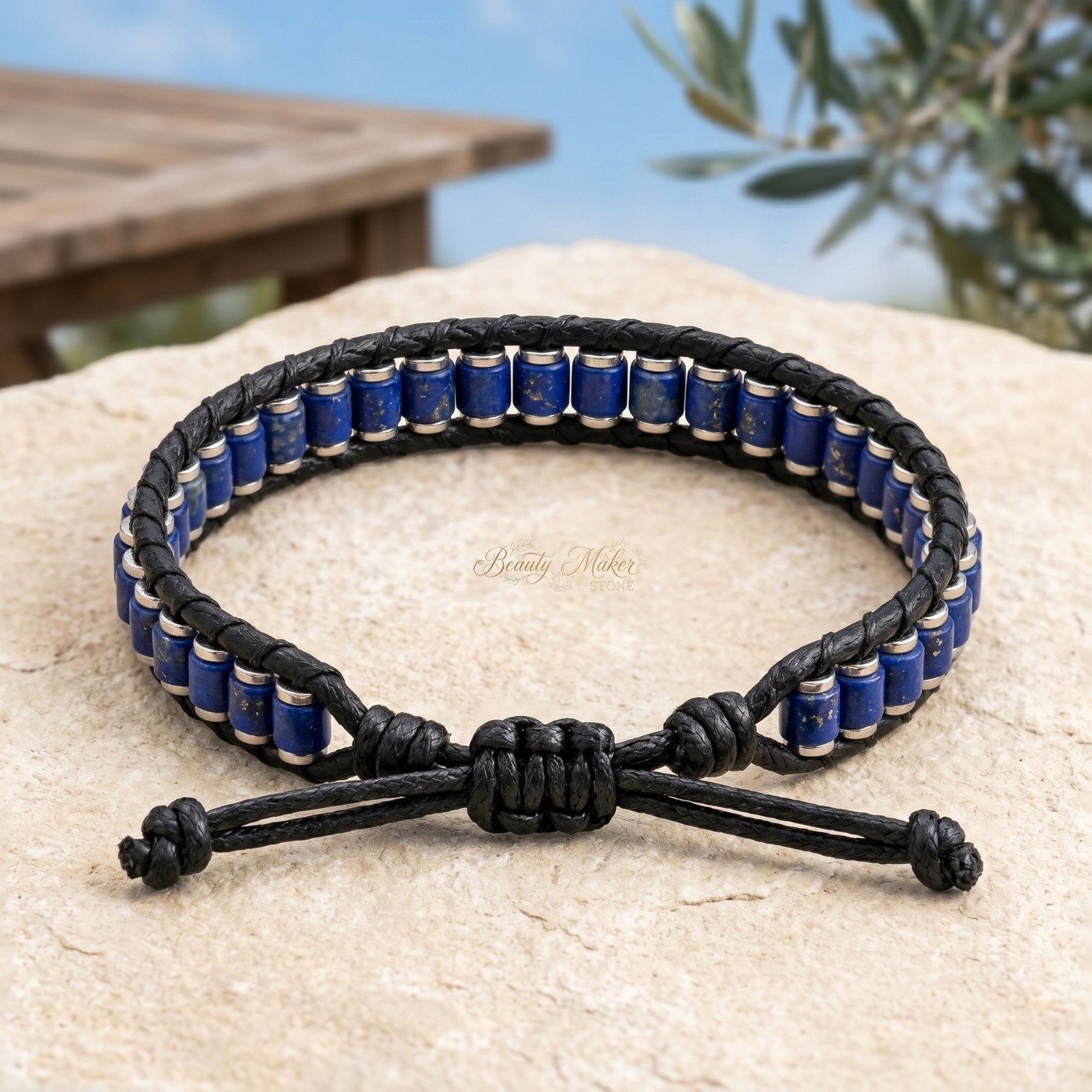 Lapis Lazuli Leather Bracelet Mens Genuine Stone Vintage Jewelry Wisdom Gift