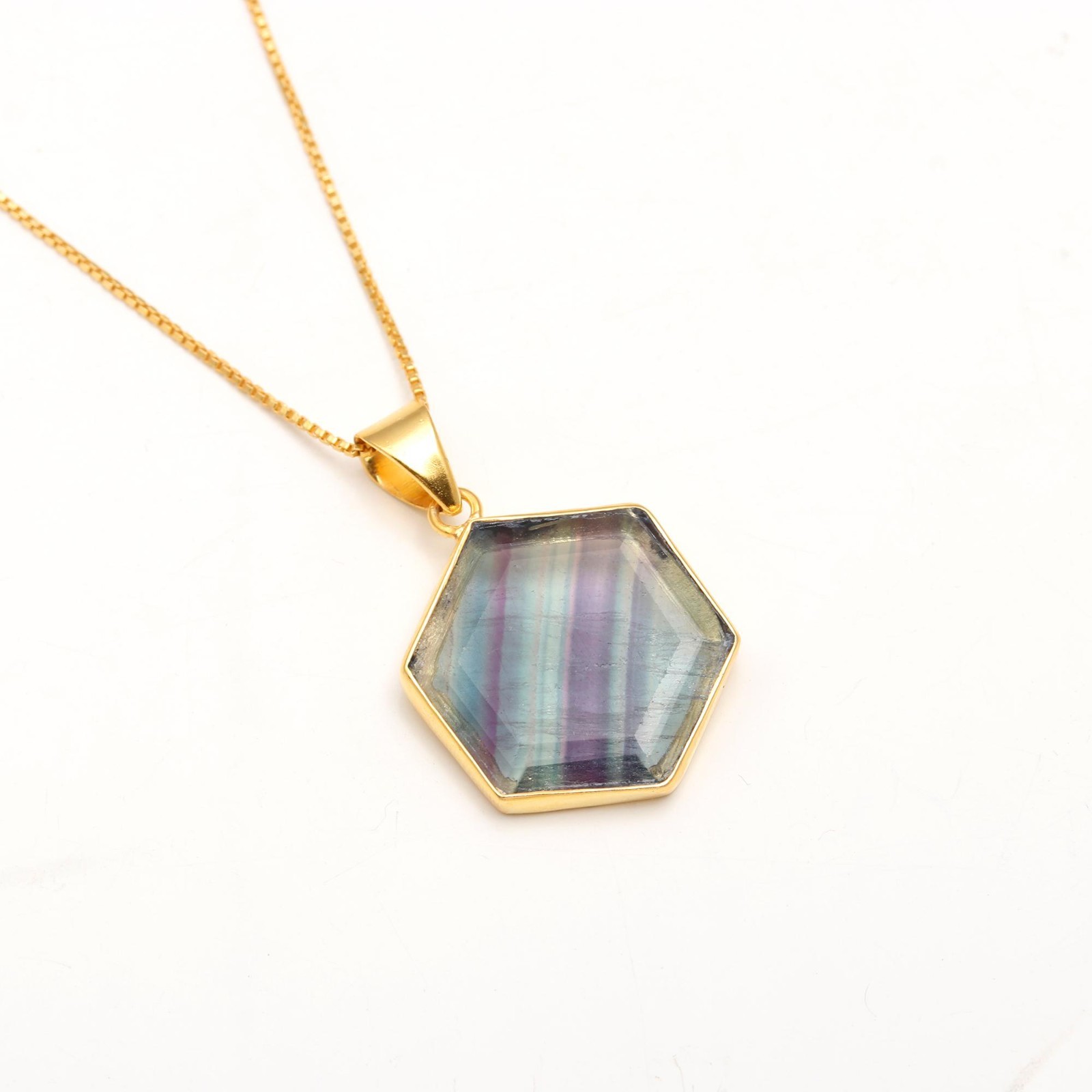 Natural Fluorite Hexagon Necklace Gold Plated Solid Silver Handmade Jewelry