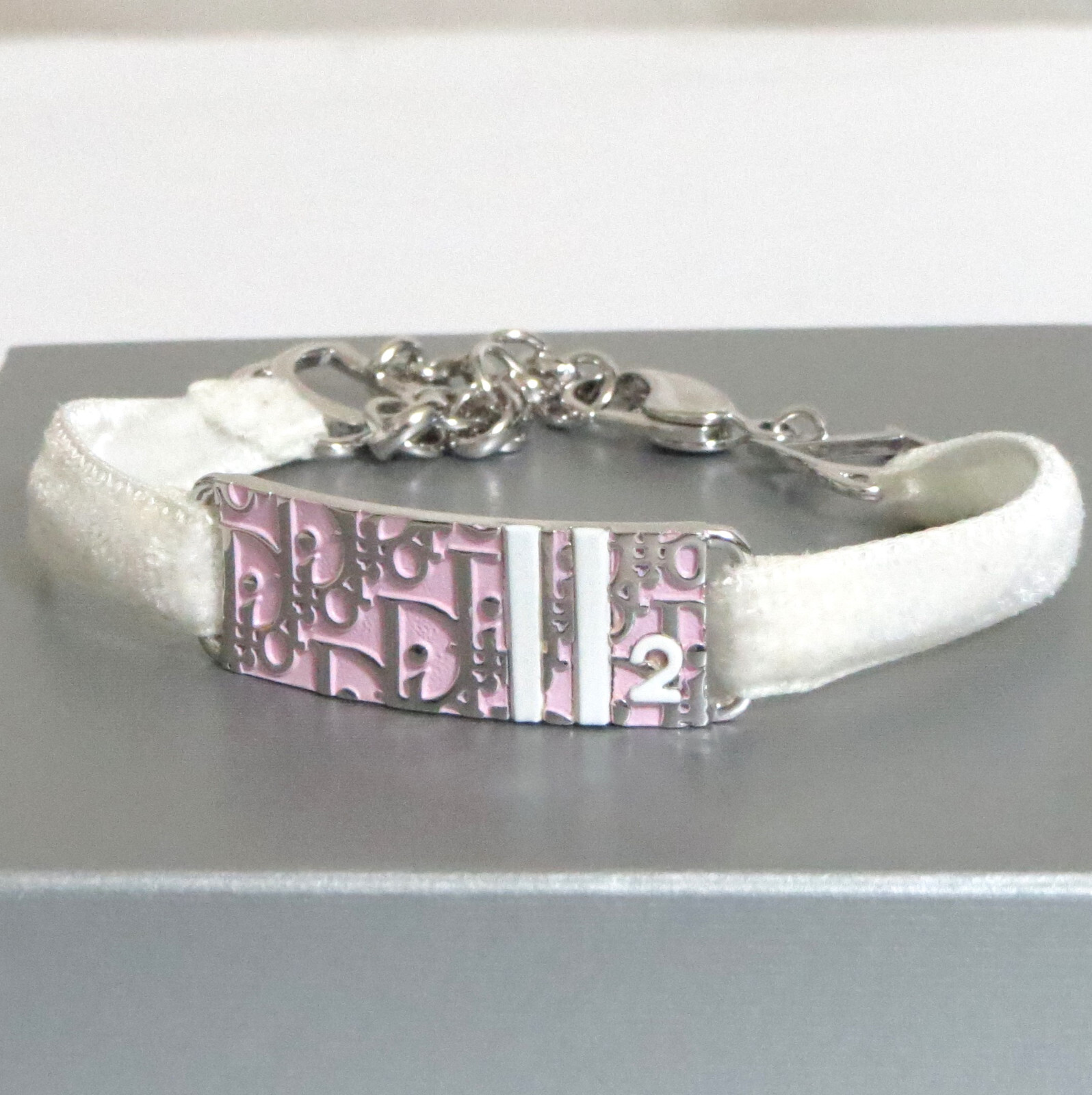 Auth Christian Dior Pink Trotter Bracelet Silvertone White Fabric 21cm/8.2″ in B