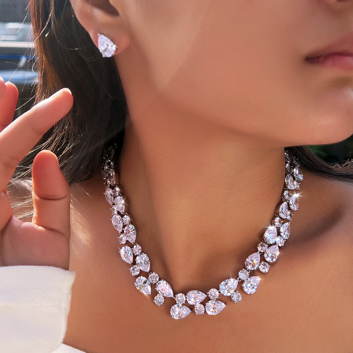Water Drop Round Zircon Wide Necklace Earrings Silver Plated Wedding Jewelry Set