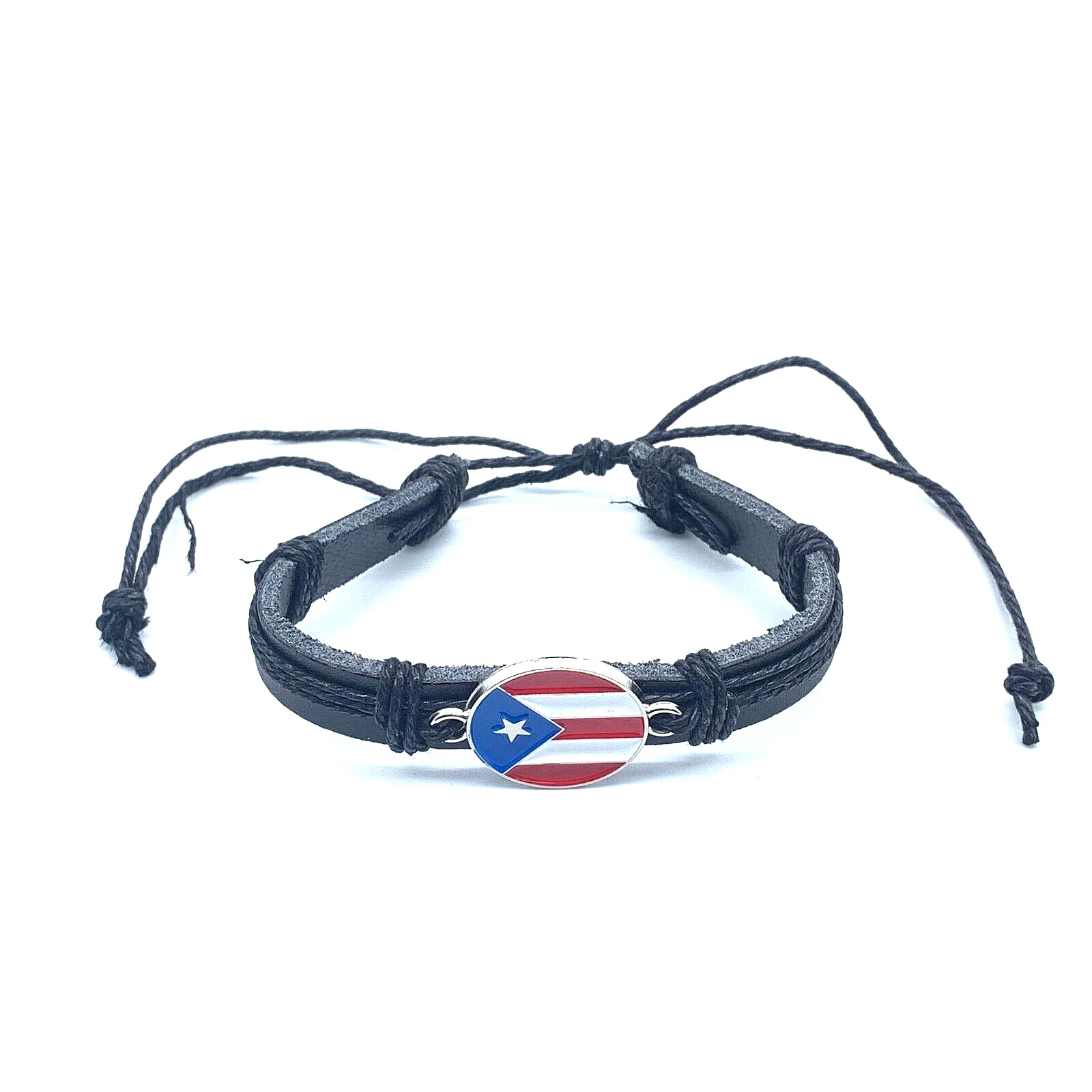 Puerto Rico Flag Medal Black Leather Handmade Bracelets adjustable 7in-11in