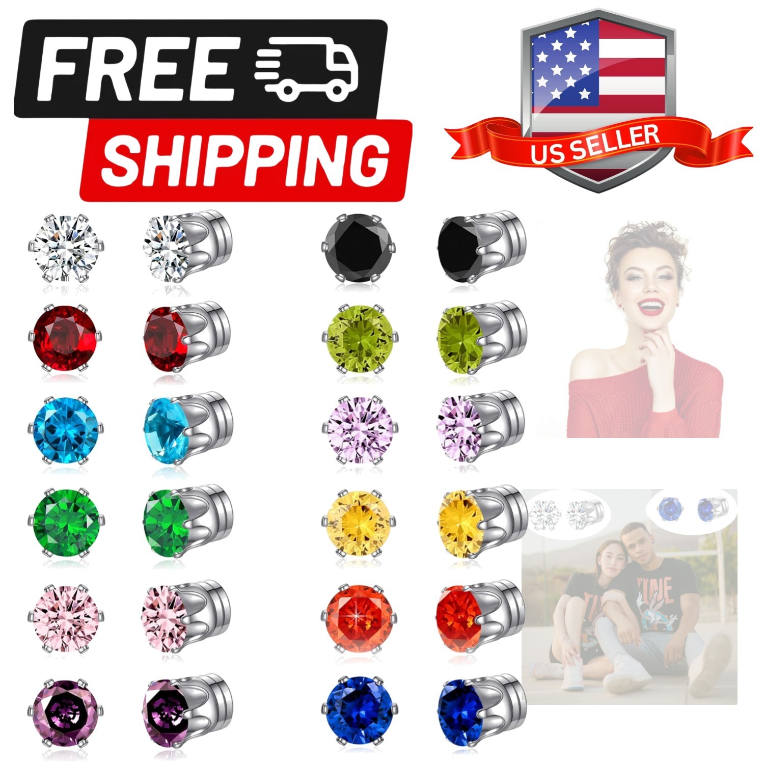 12 Pairs Colors Cubic Zirconia Magnetic Earrings Clip on Non Piercing Earring…