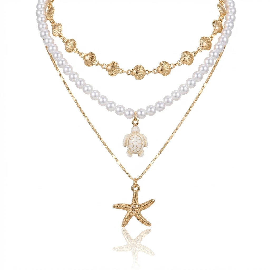 3Pcs/Set Pearl Starfish Sea Turtle Shell Necklace Bohemian Summer Beach Multi-la