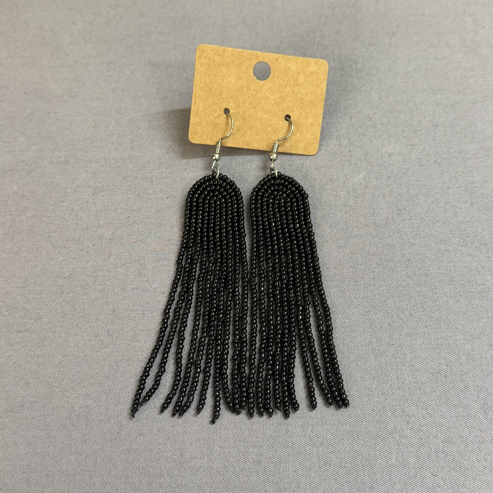 Black Beaded Tassel Dangle Drop Earrings 3.5 In Womens Boho Statement Jewelry