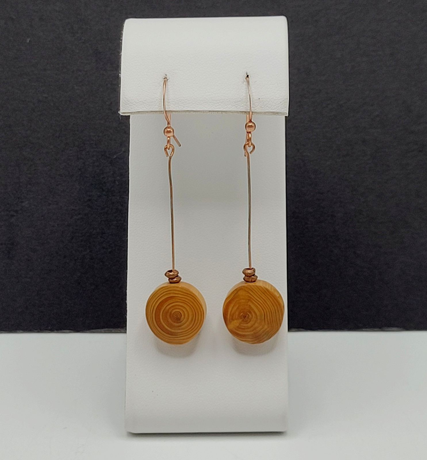 Artisan Handcrafted Round Wood Slice Drop Earrings Long Copper Wire Tree Ring