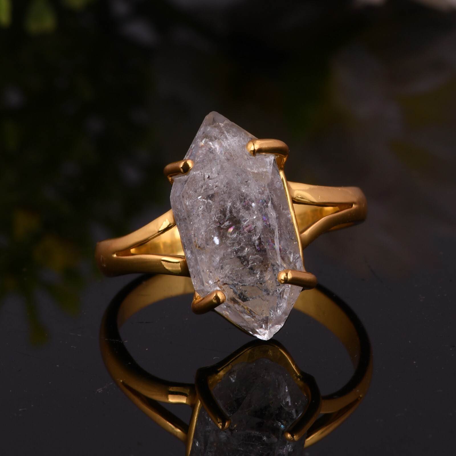 Raw Herkimer Diamond Gemstone Ring Handmade Rough Crystal Jewelry For Women