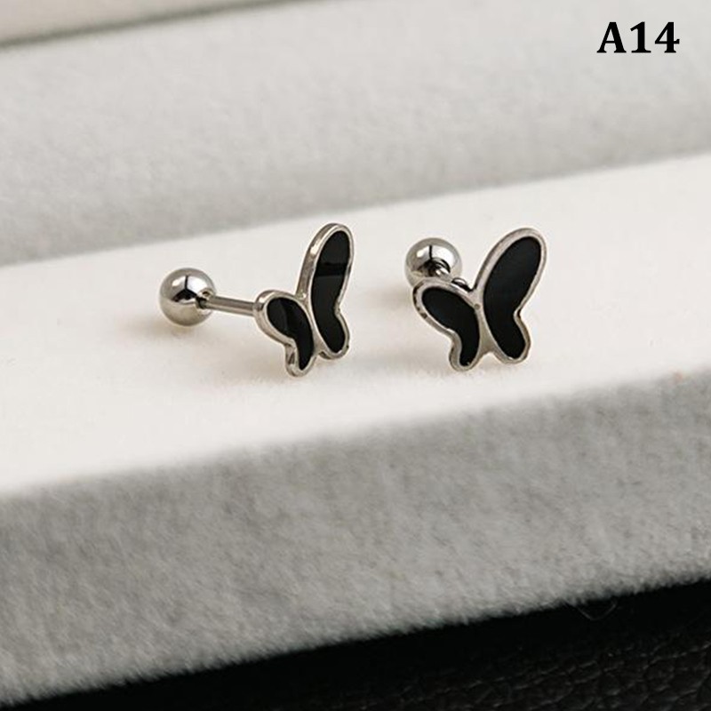 Silver Black Heart Star Round Small Stud Earrings for Women Ear Studs Jewelry