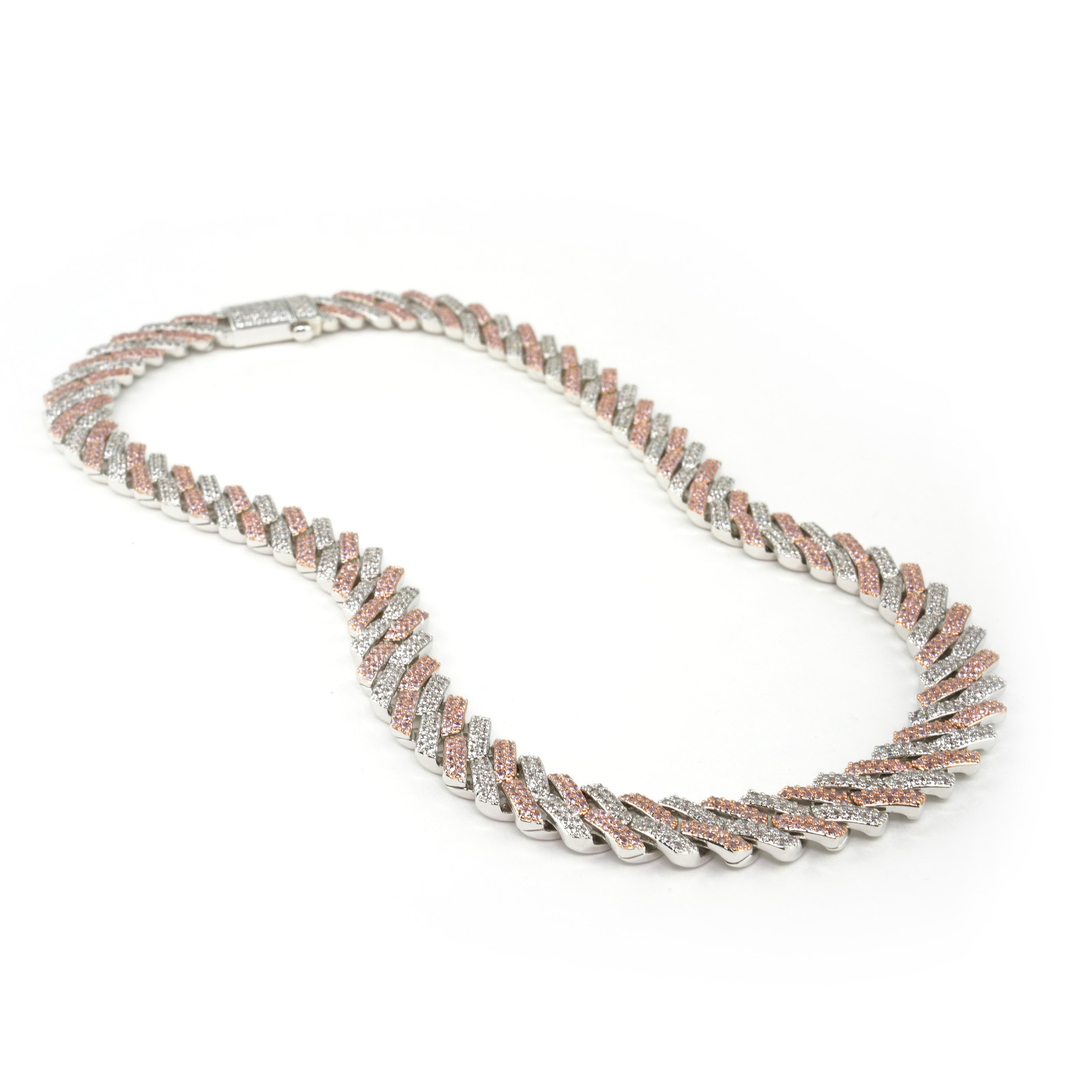 Pink & White Studded White Gold Curb Chain
