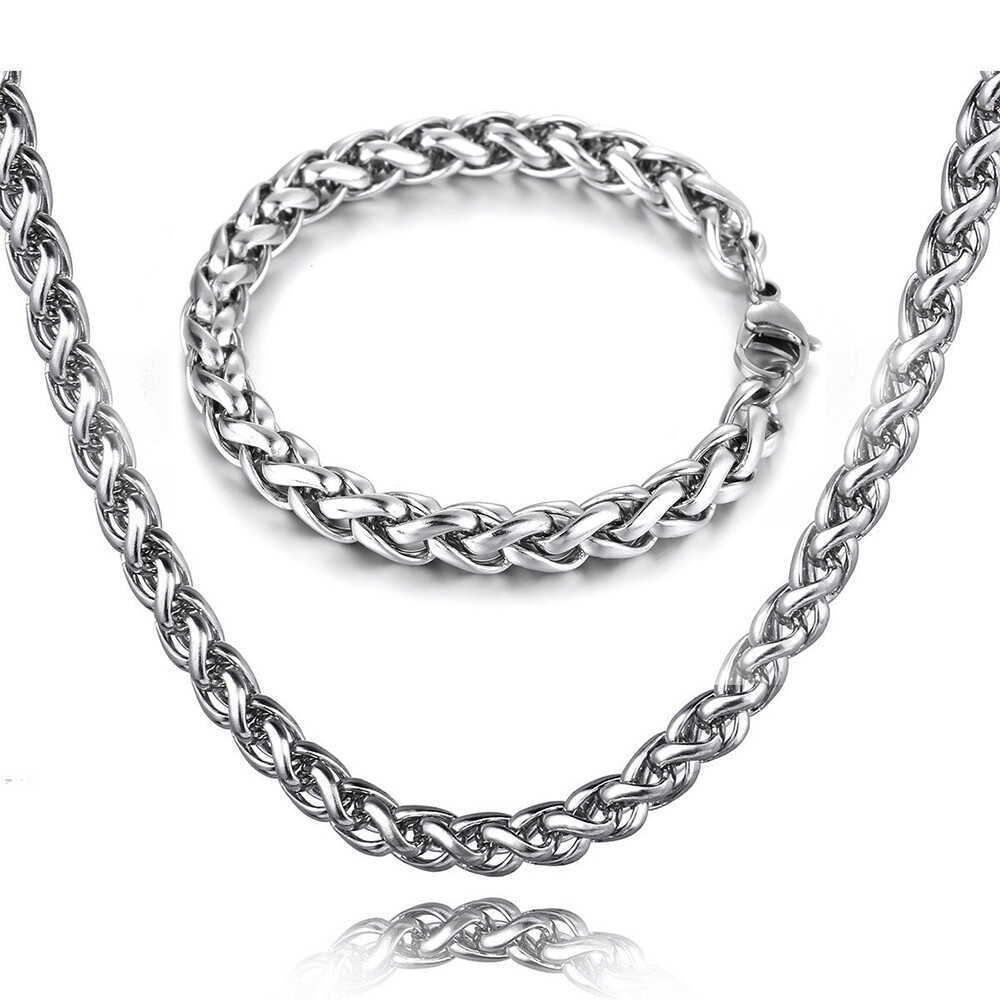 8mm Men’s Bracelet Necklace Jewelry Set Stainless Steel Braided Wheat Chain