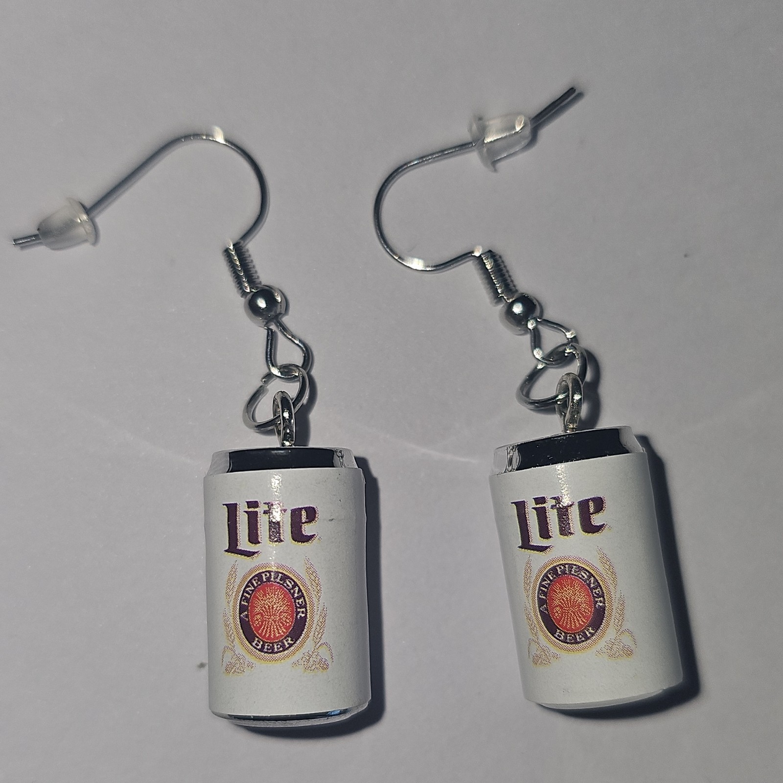 Lite Beer Can Dangle/Drop Earrings White Metal Hook Lobe No Stone