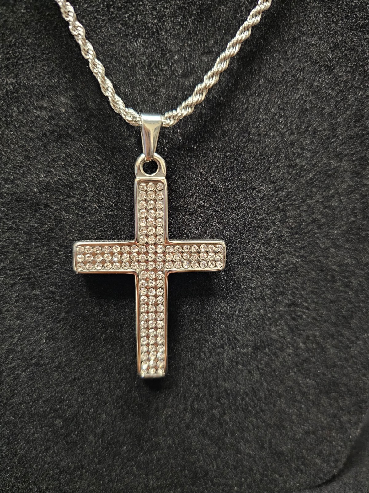Silver Tone Religious Cross Pendant Necklace Rope Chain Pavé Clear Crystals