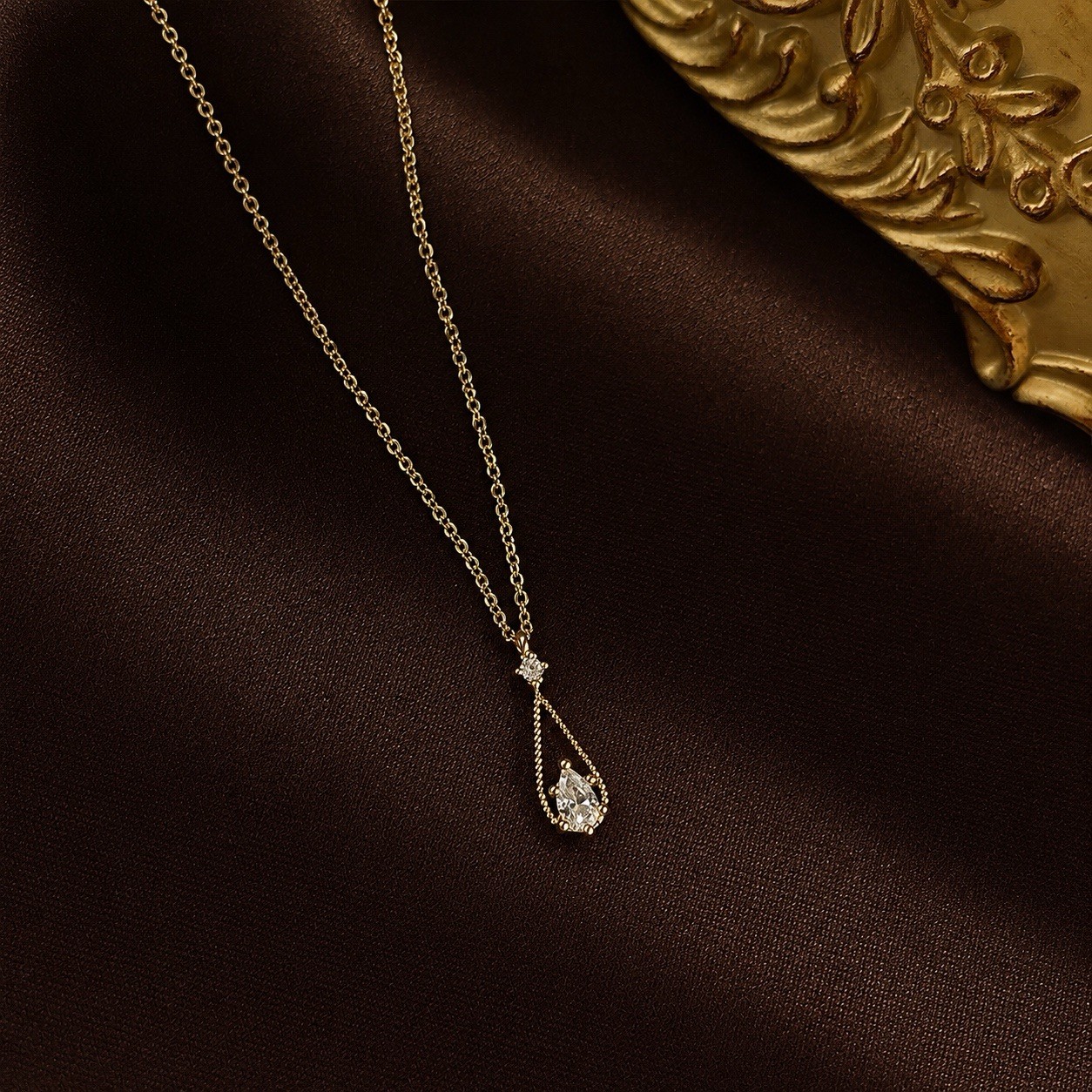 14K Gold Plated Teardrop CZ Pendant Necklace Minimalist Adjustable Necklace 128