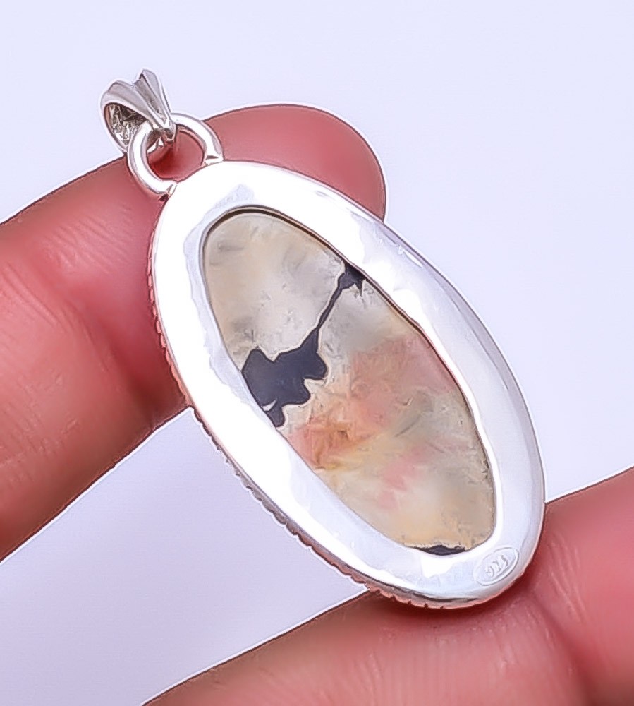 Honey Dendritic Opal – Mexico Gemstone 925 Sterling Silver Pendant 1.95″ P37