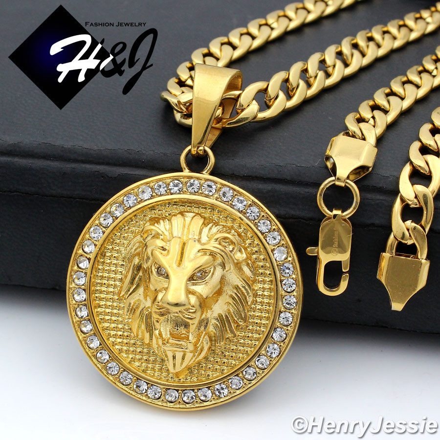 18-40″Stainless Steel 6mm Gold Plated Curb Chain Cubic Zirconia Lion Pendant*109