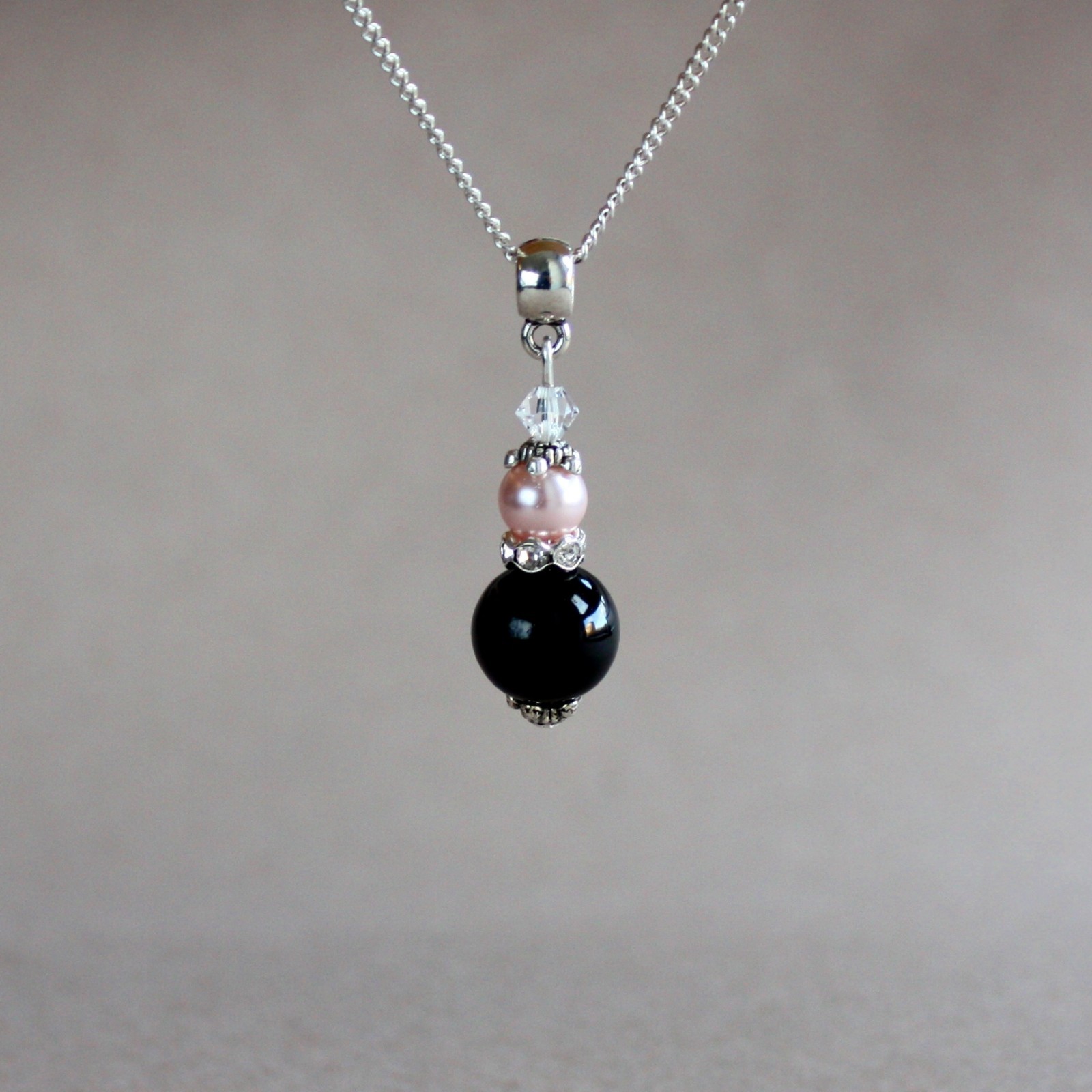 Black pink blush pearls rhinestones silver wedding bridesmaid bridal jewelry set