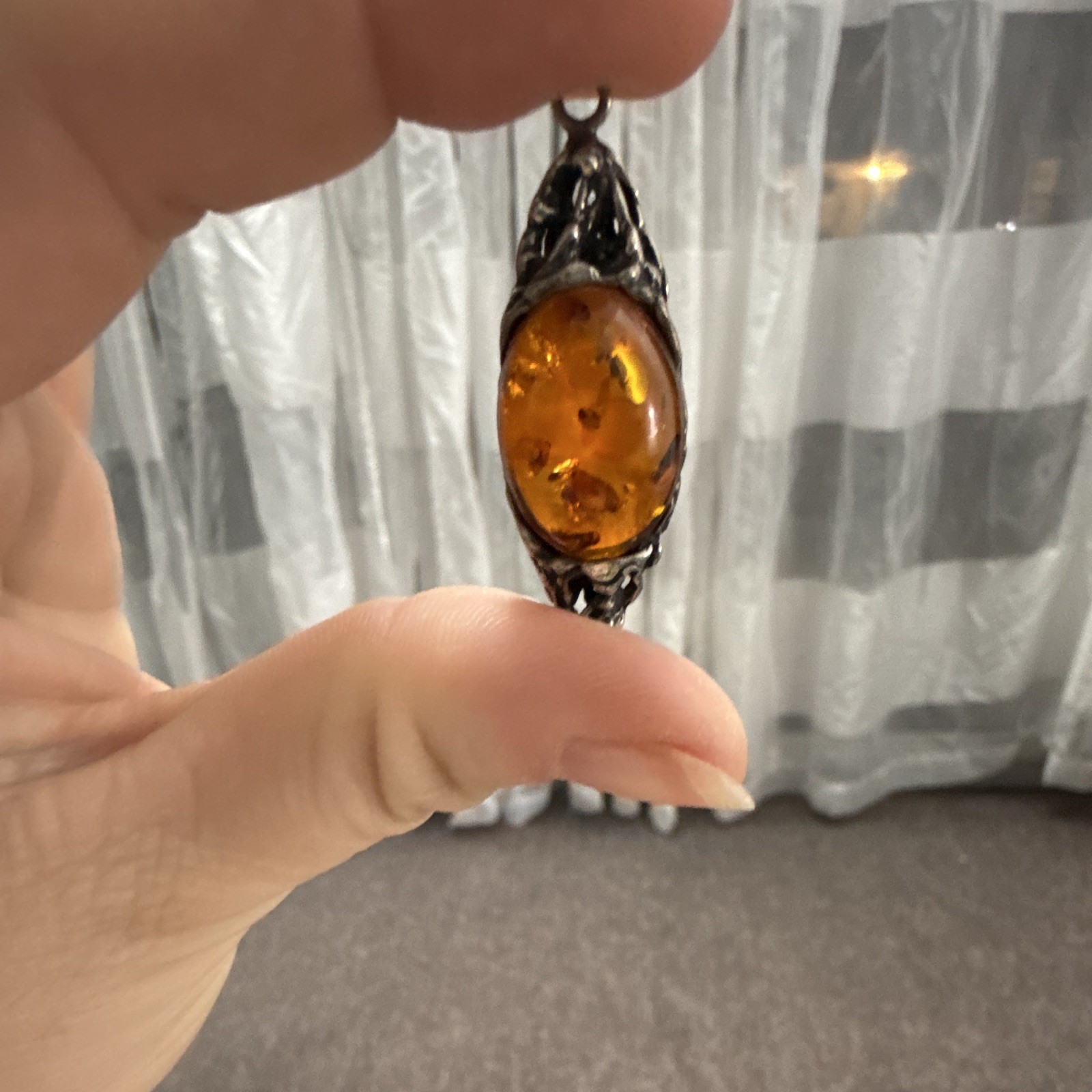 925 Silver Oval Bezel Set Charm Pendant Orange Amber Cabochon w/ Bail Loop